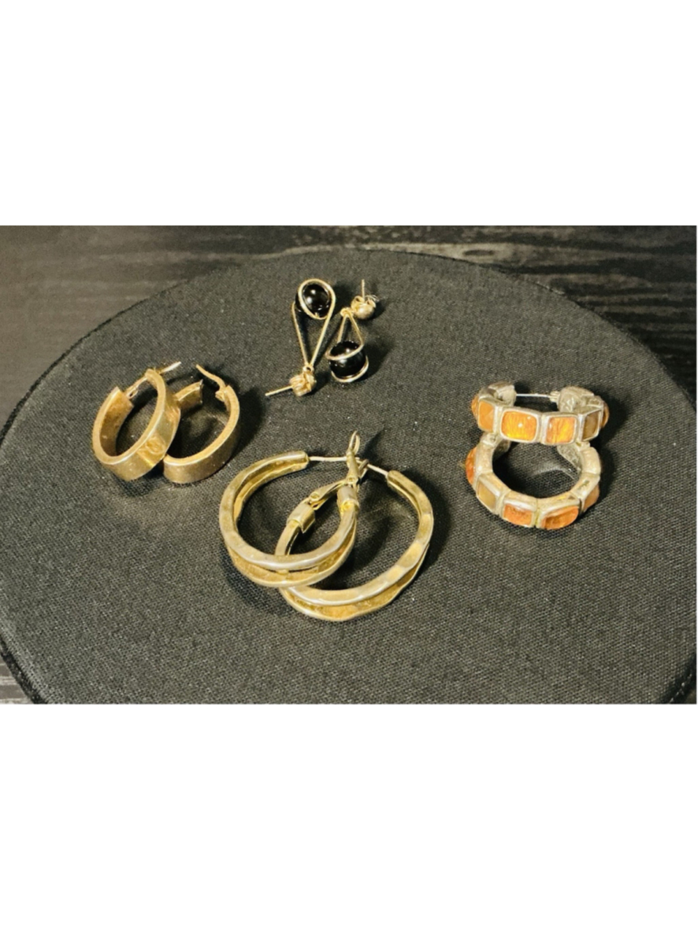 Lot of 4 Vintage Earrings Baltic Amber L.C. Hoops Gold Tone Onyx.